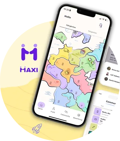 Ein Handy, auf welche die Maxi App gerade aktiv ist.